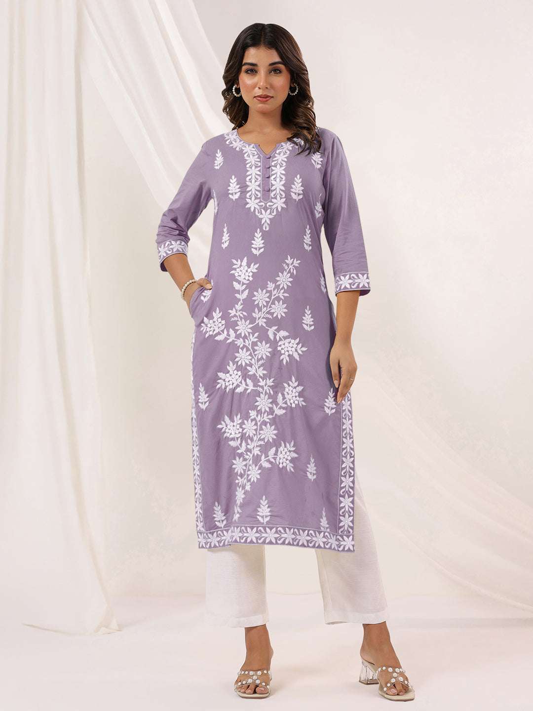 Lavender Whisper Embroidered Straight Stylish Kurti for Women Sajnaa