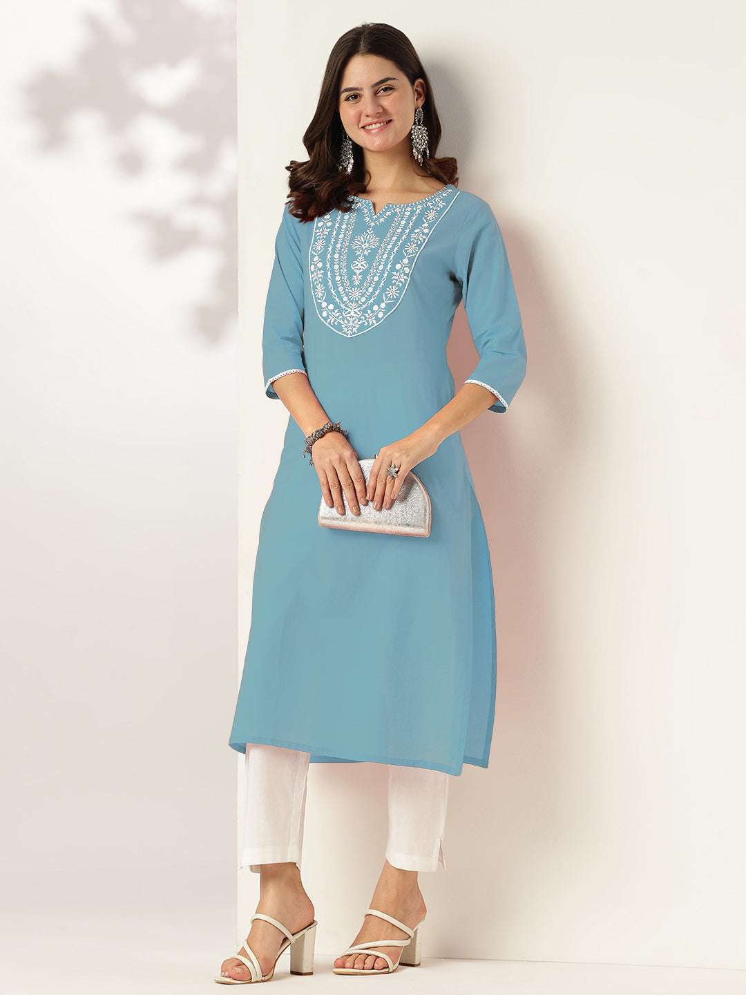 Light Blue Cotton Embroidered Straight Stylish Kurti for Women Sajnaa