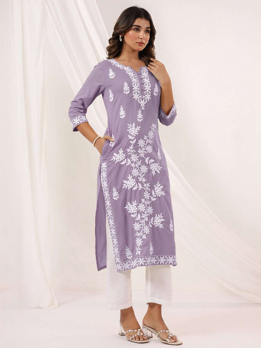 Lavender Whisper Embroidered Straight Stylish Kurti for Women Sajnaa