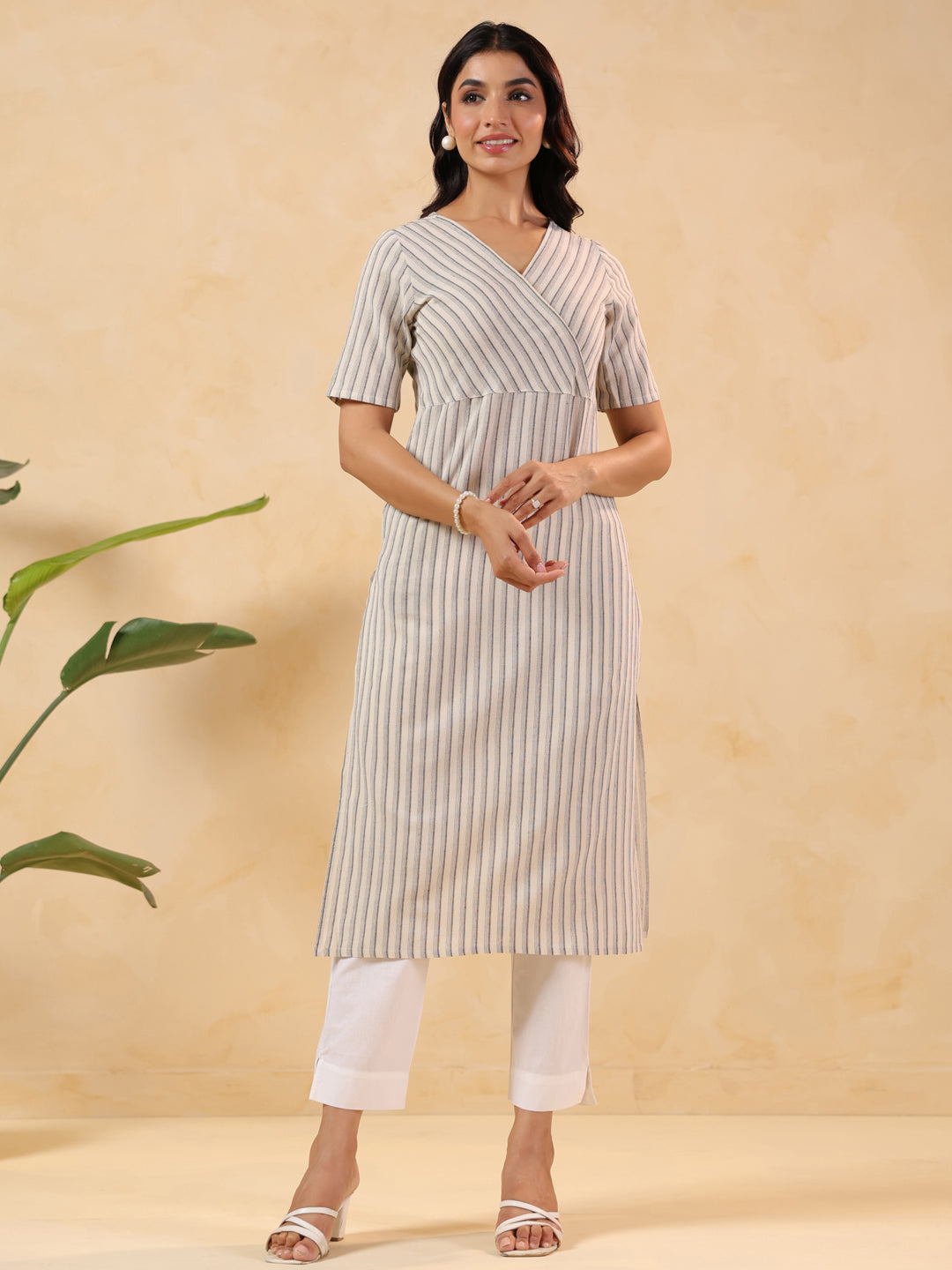 Off White Cotton Striped Wrap-Style Stylish Kurti for Women