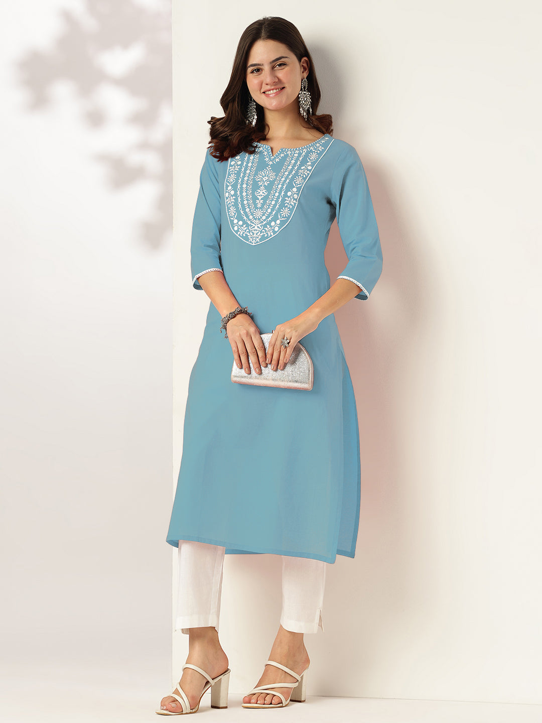 Light Blue Cotton Embroidered Straight Stylish Kurti for Women