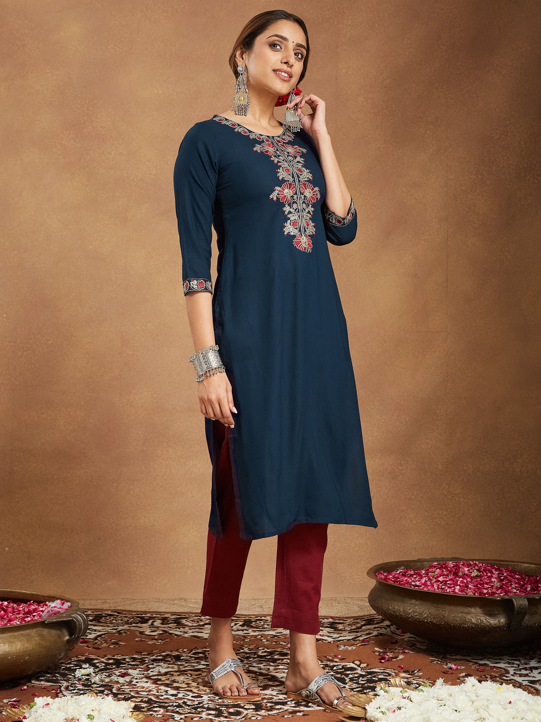 Navy Bloom Straight Embroidered Stylish Kurti for Women