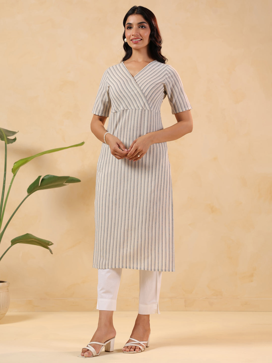Off White Cotton Striped Wrap-Style Stylish Kurti for Women