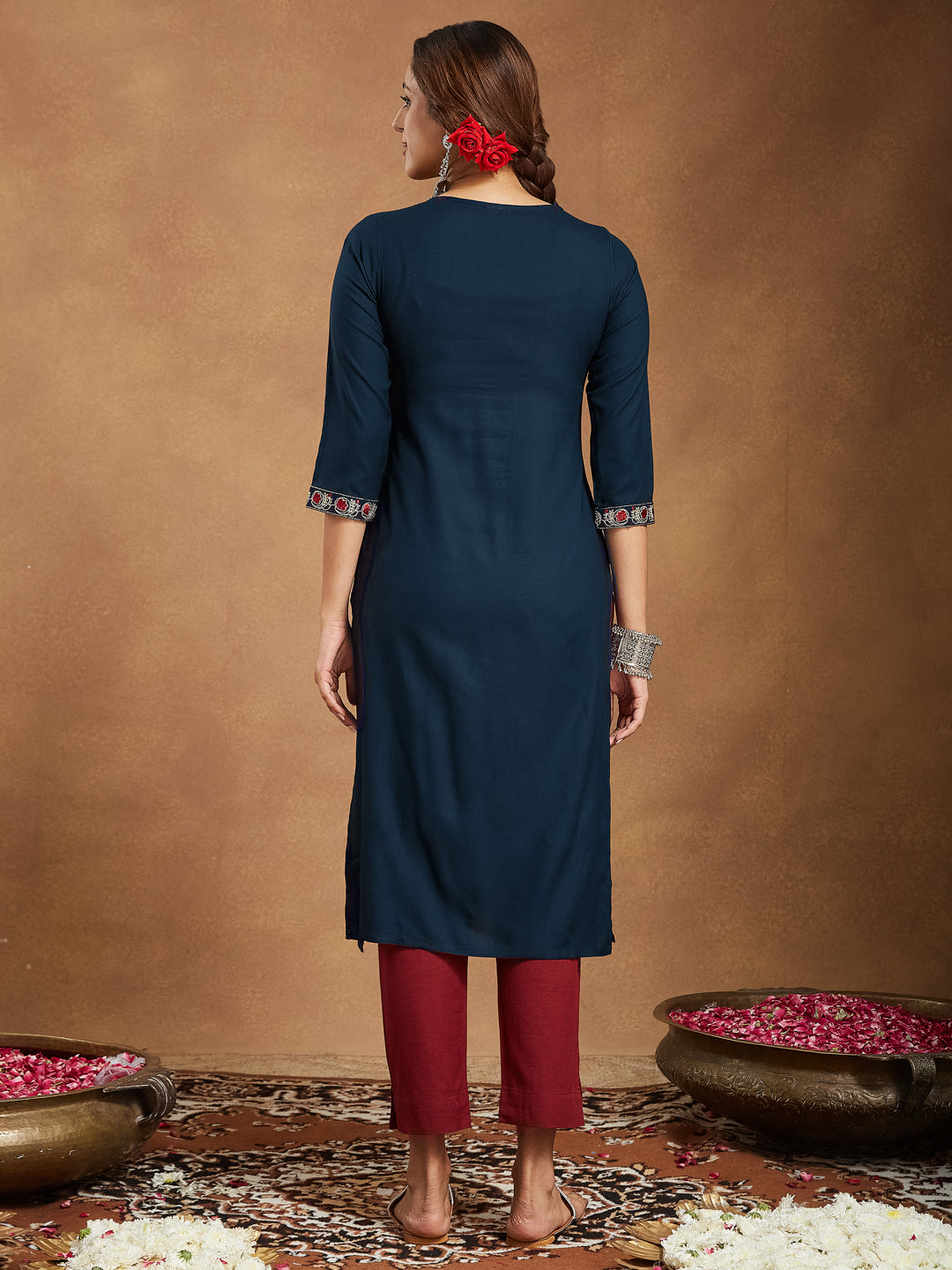 Navy Bloom Straight Embroidered Stylish Kurti for Women