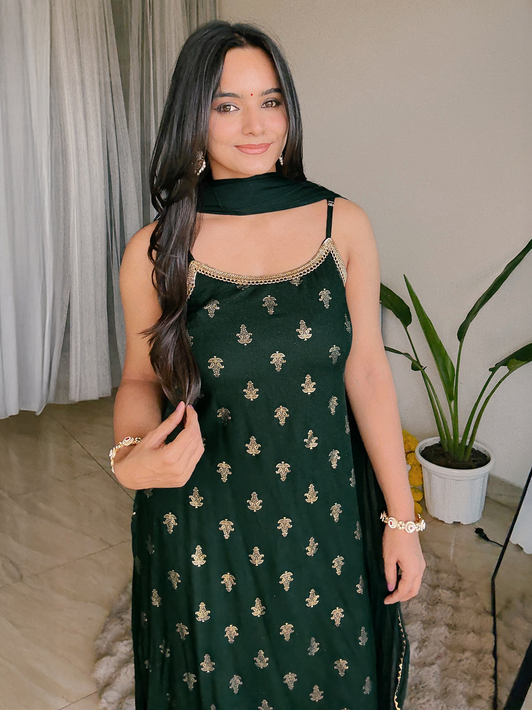 Dark Green Festive Foil Print Kurta Set for Women