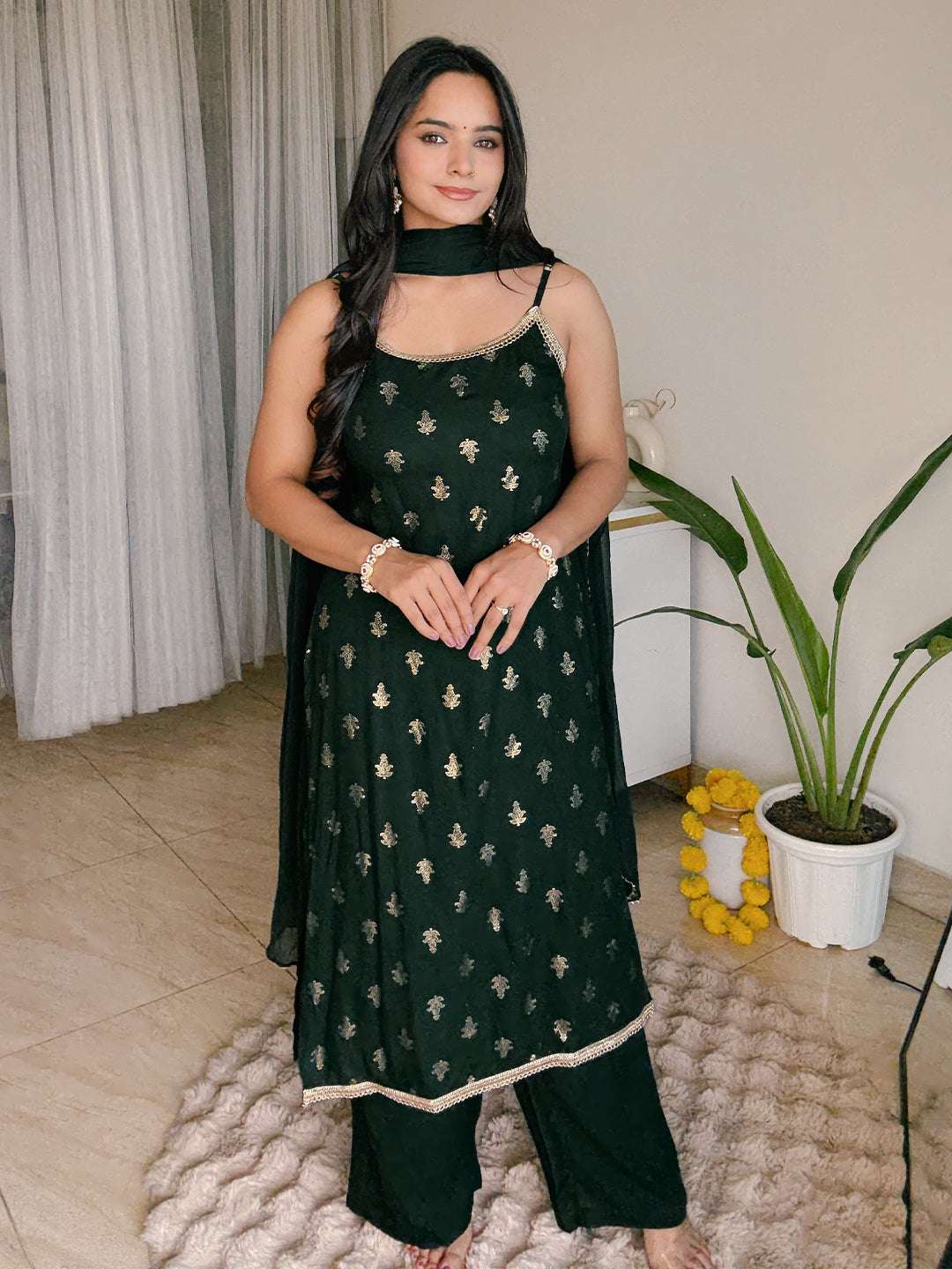 Dark Green Festive Foil Print Kurta Set for Women Sajnaa