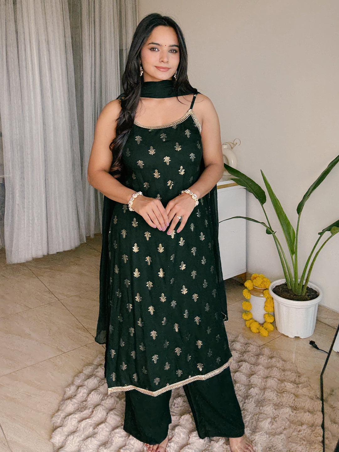 Dark Green Festive Foil Print Kurta Set for Women