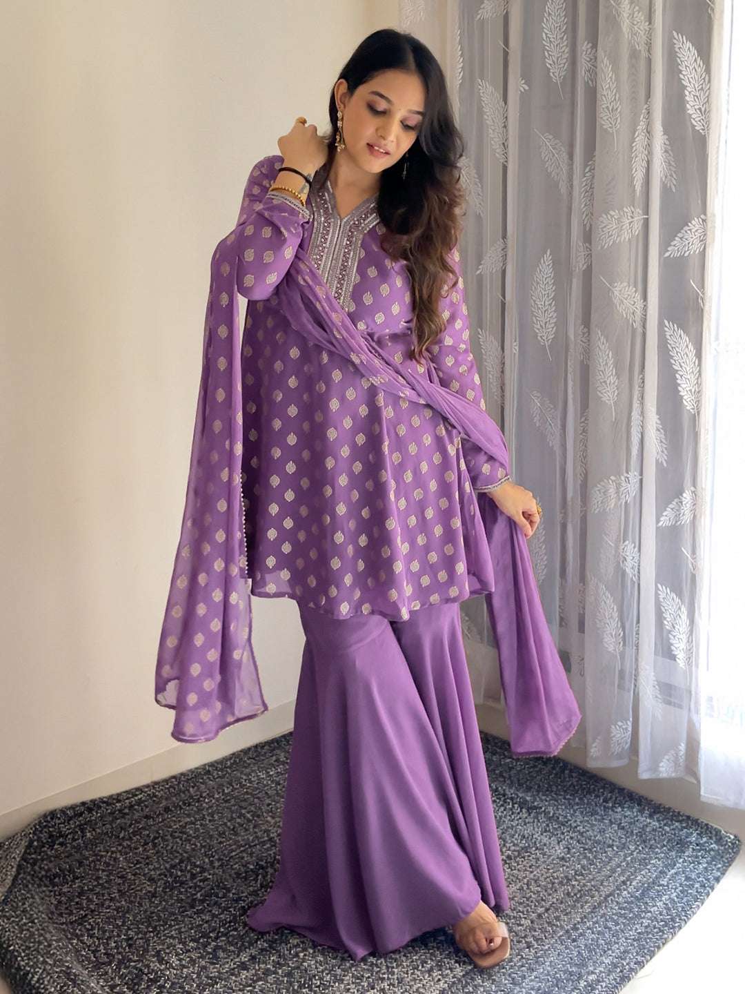 Purple Georgette Foil Print Sharara Set Sajnaa