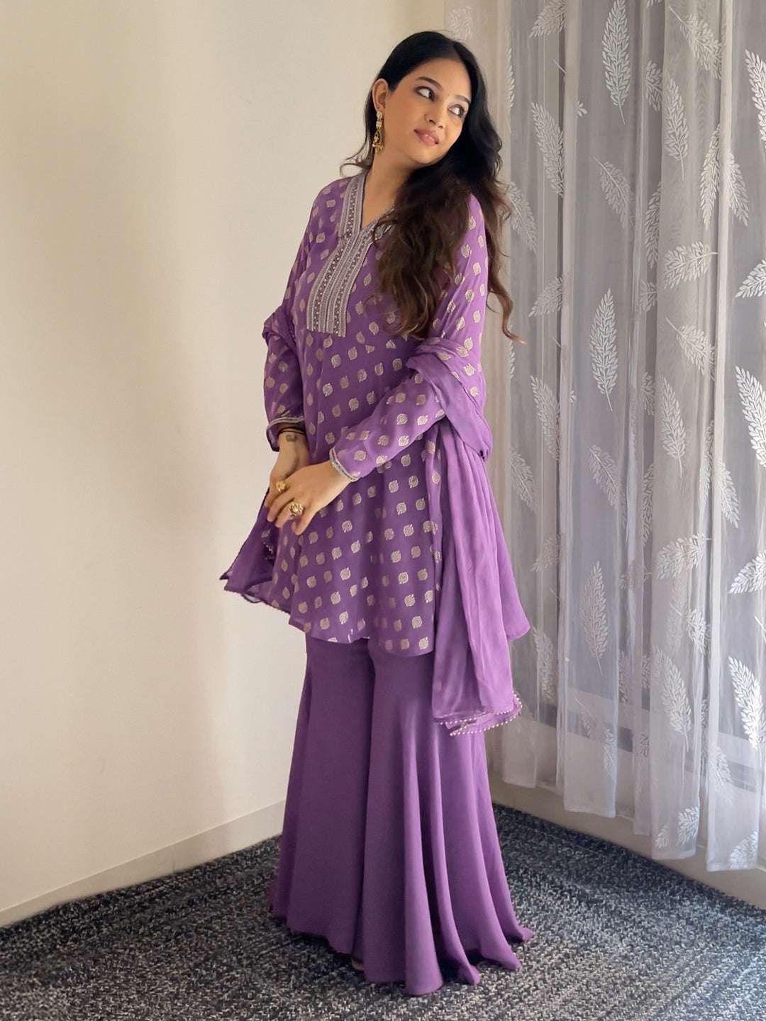 Purple Georgette Foil Print Sharara Set Sajnaa