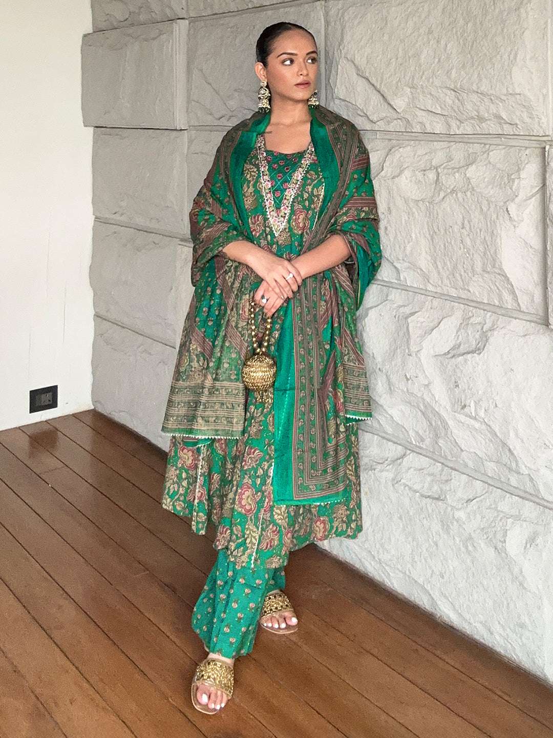 Green Cotton Floral Kurta Set Sajnaa