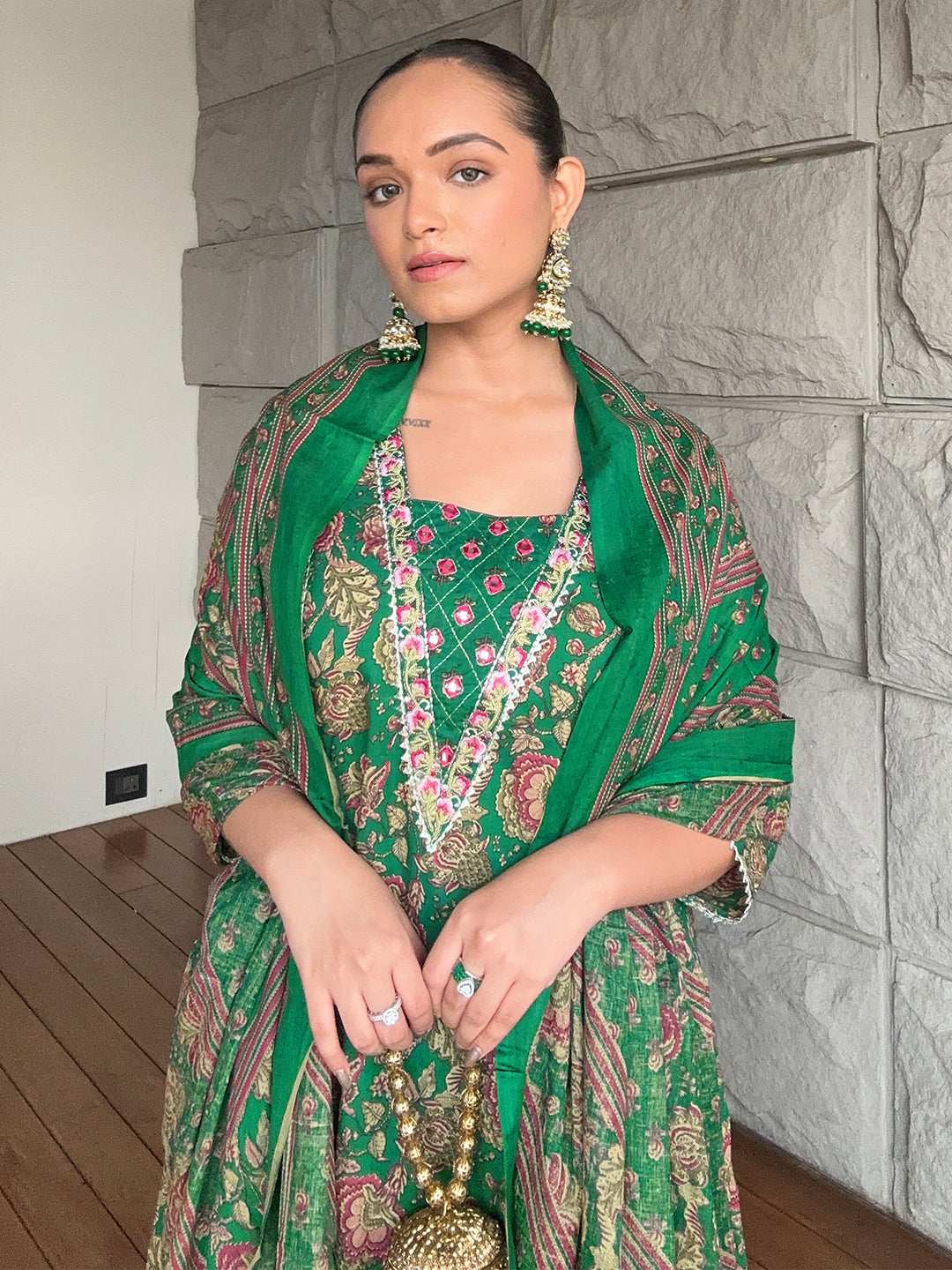 Green Cotton Floral Kurta Set Sajnaa