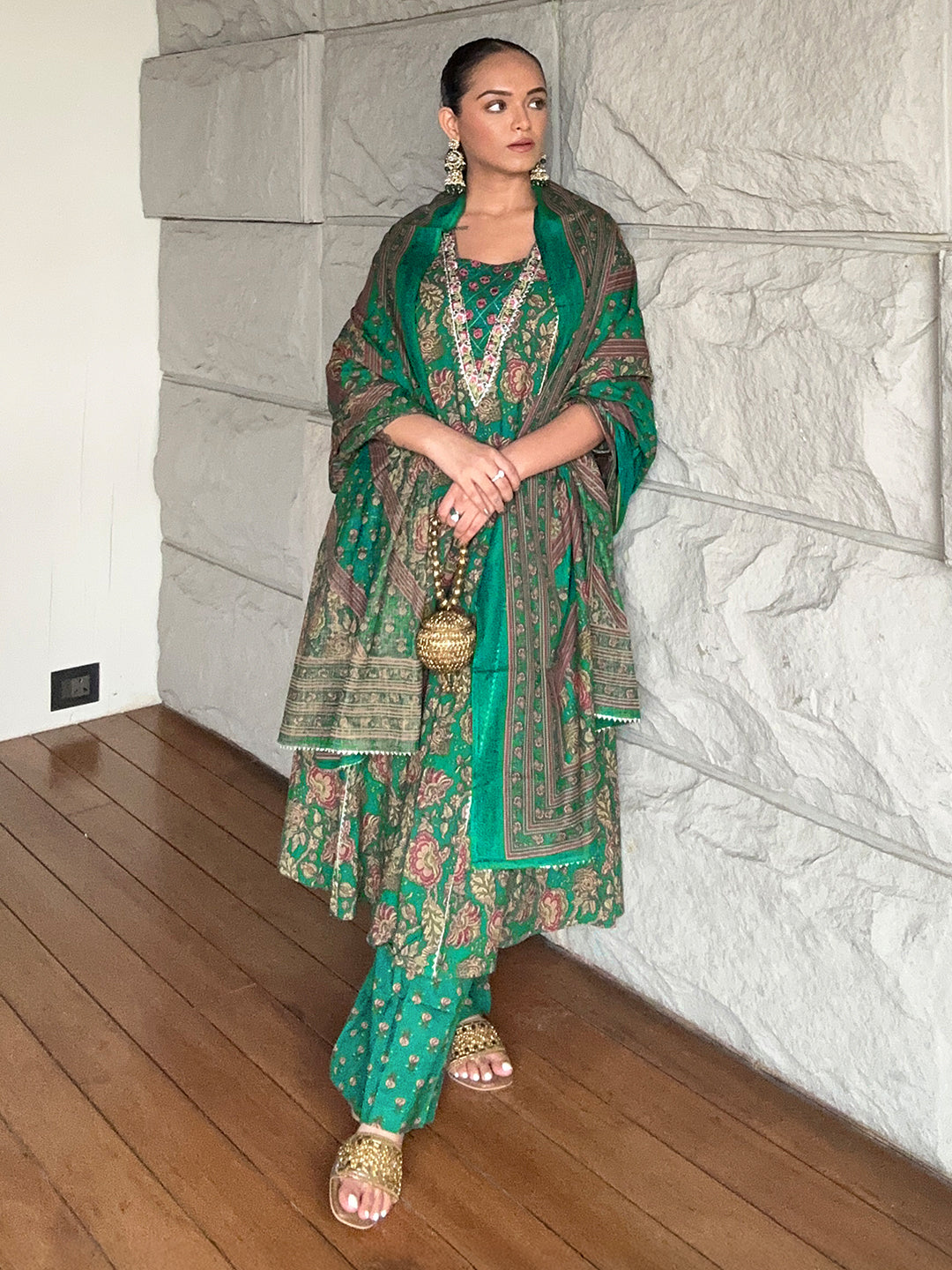 Green Cotton Floral Kurta Set
