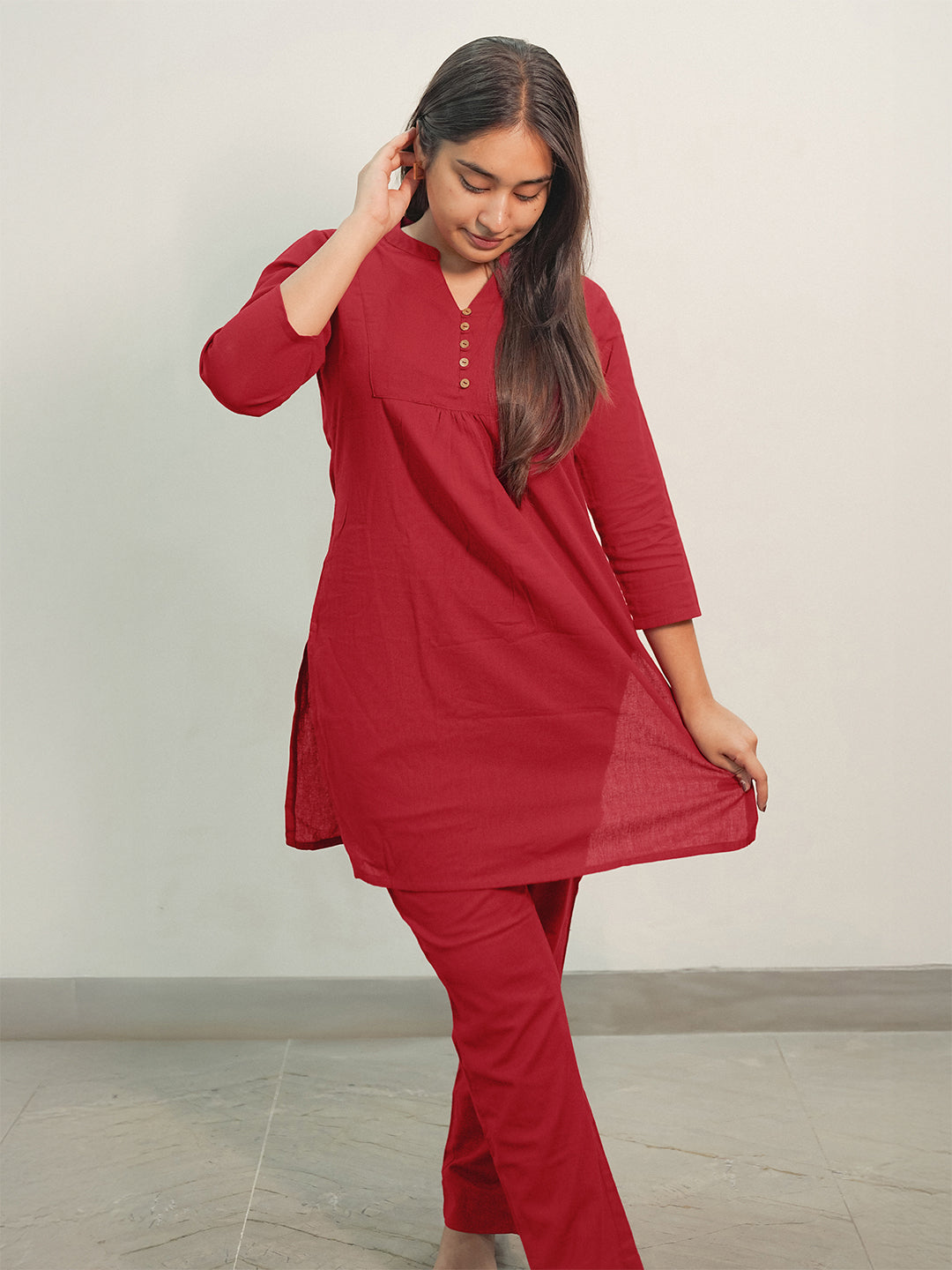 Band collar notch neck co-ord set for women – everyday outfit