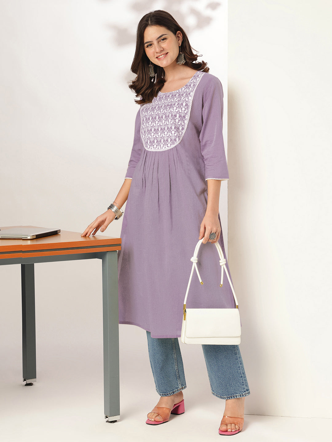Lilac Grace A-Line Embroidered Stylish Kurti for Women