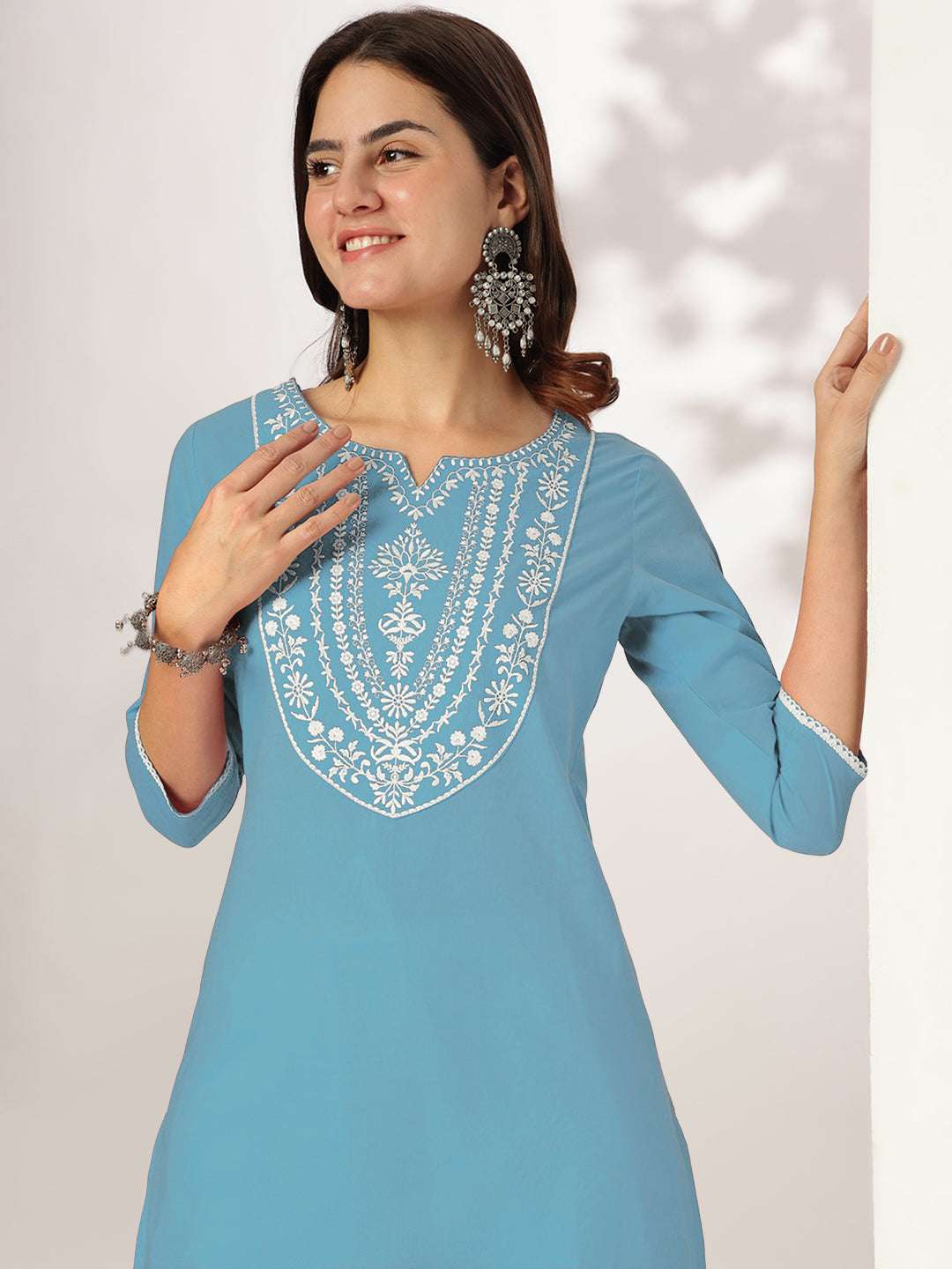 Light Blue Cotton Embroidered Straight Stylish Kurti for Women My Store