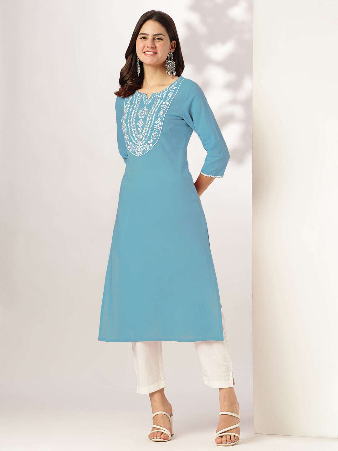 Light Blue Cotton Embroidered Straight Stylish Kurti for Women Sajnaa