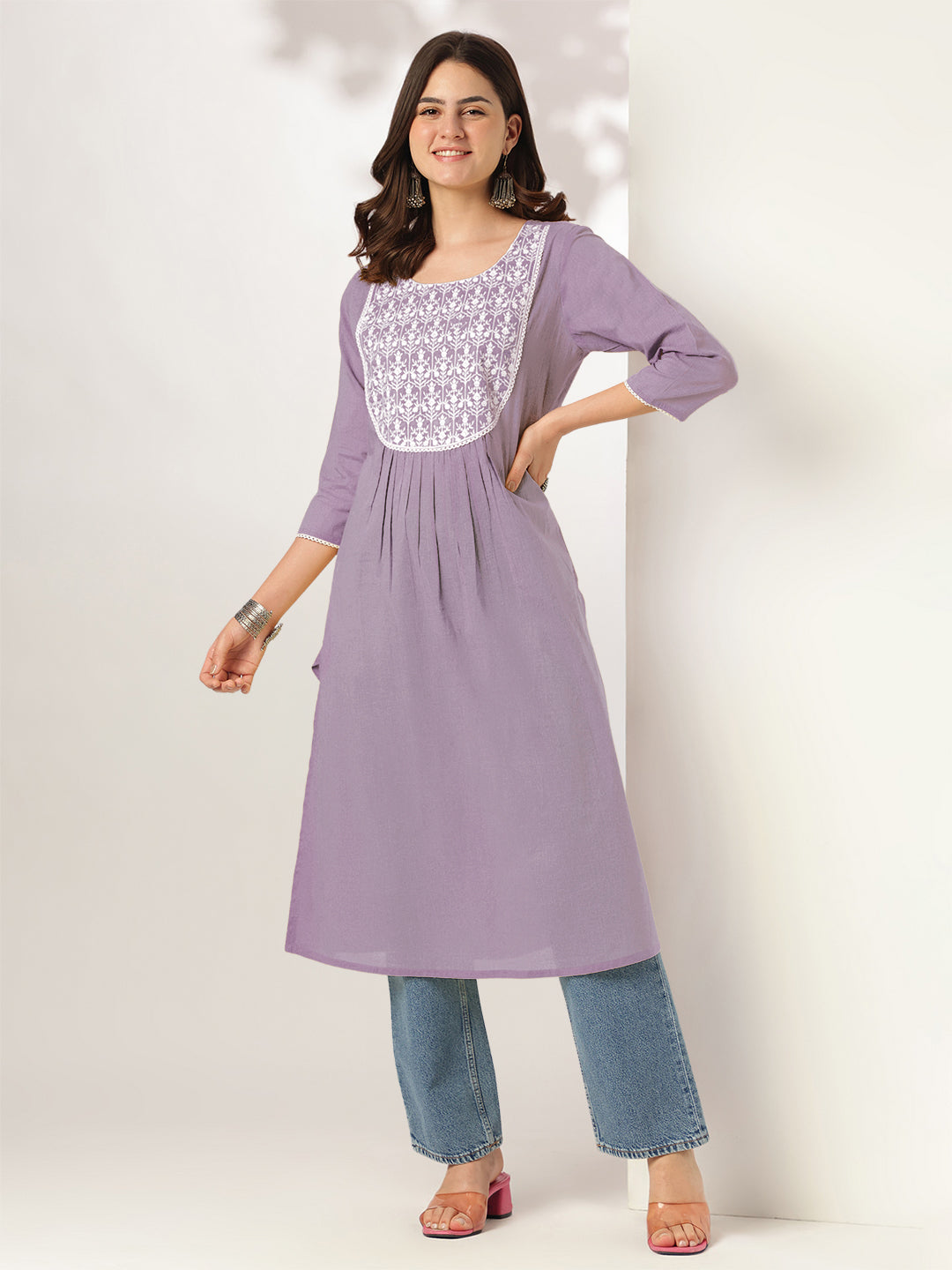 Lilac Grace A-Line Embroidered Stylish Kurti for Women