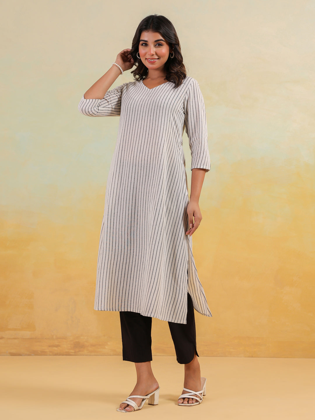 White Cotton Striped Straight Stylish Kurti for Women