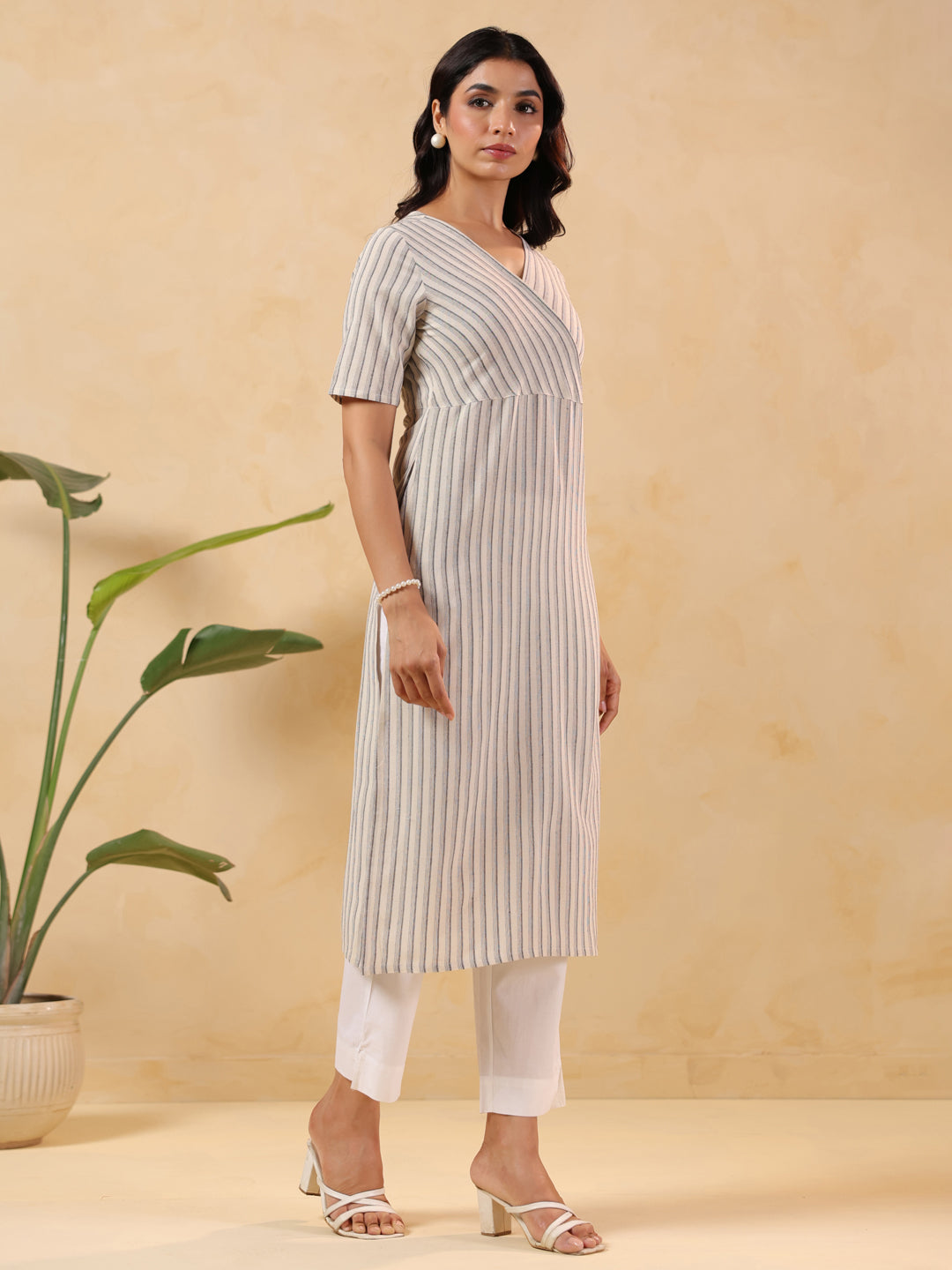 Off White Cotton Striped Wrap-Style Stylish Kurti for Women
