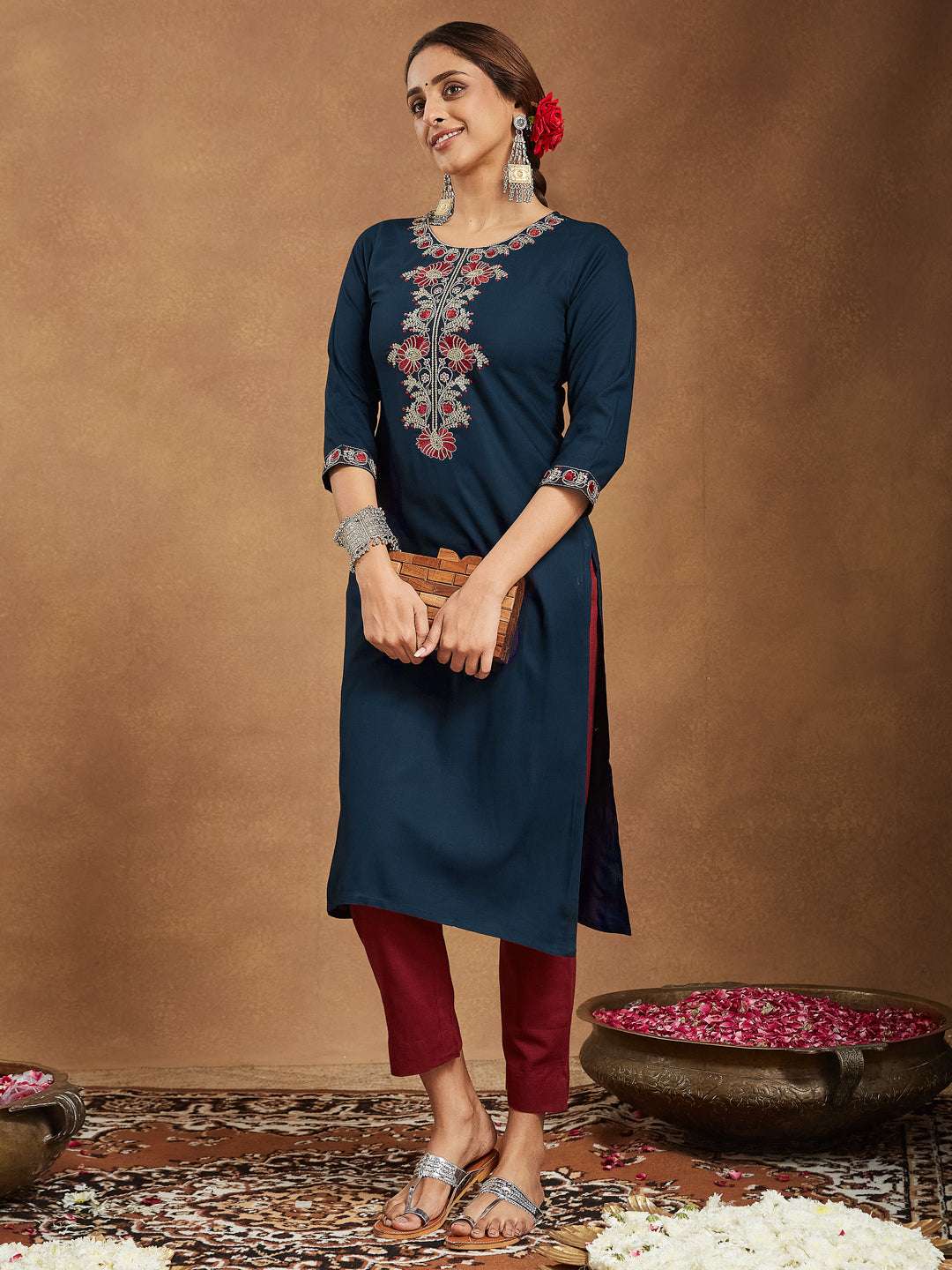 Navy Bloom Straight Embroidered Stylish Kurti for Women My Store
