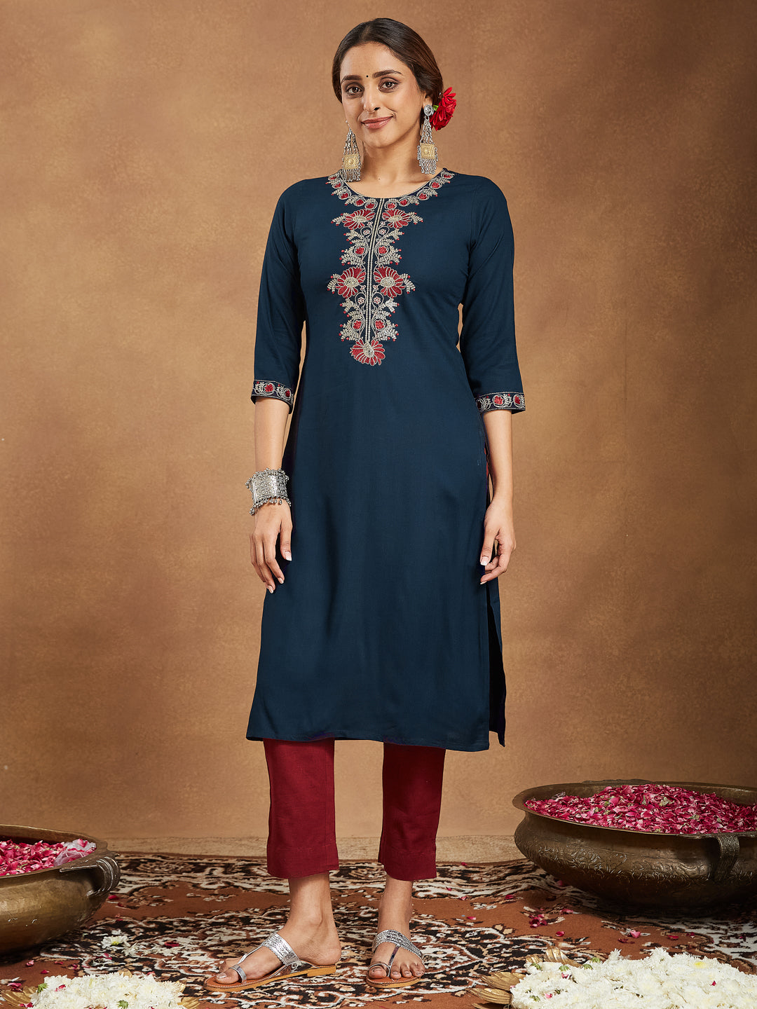 Navy Bloom Straight Embroidered Stylish Kurti for Women