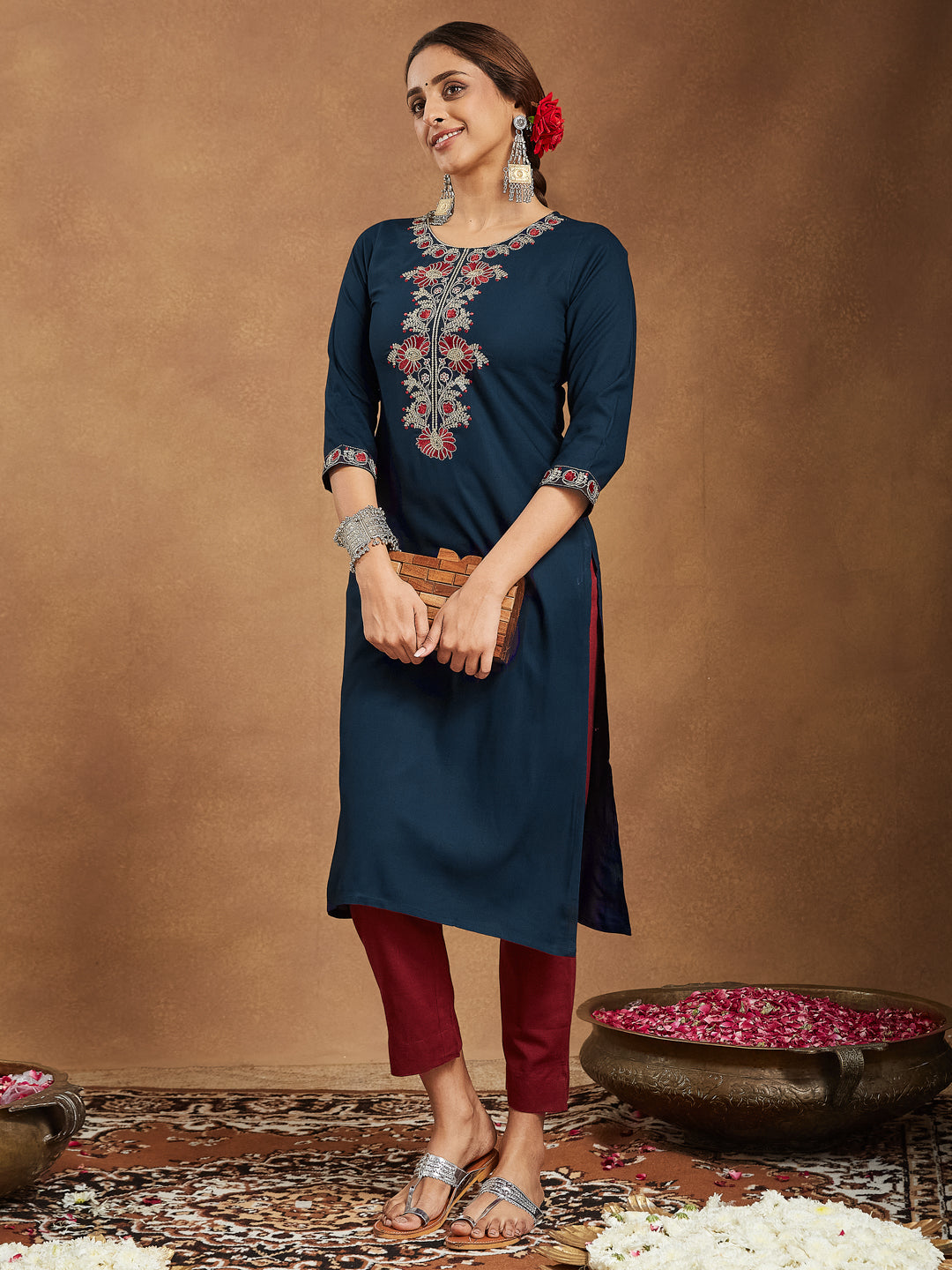 Navy Bloom Straight Embroidered Stylish Kurti for Women