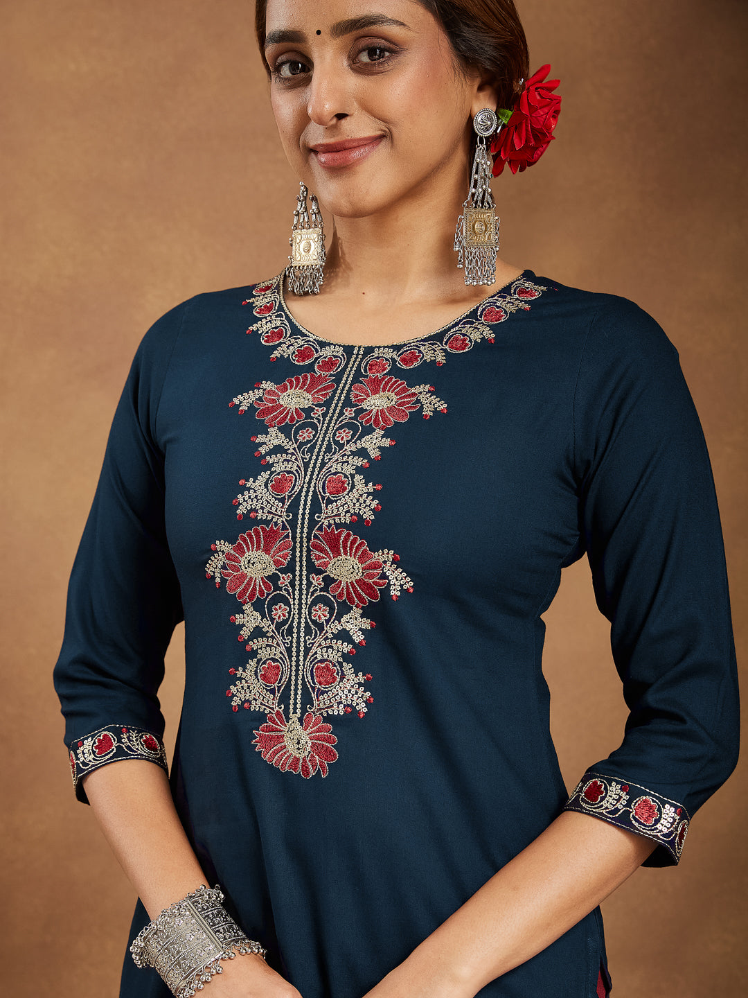 Navy Bloom Straight Embroidered Stylish Kurti for Women