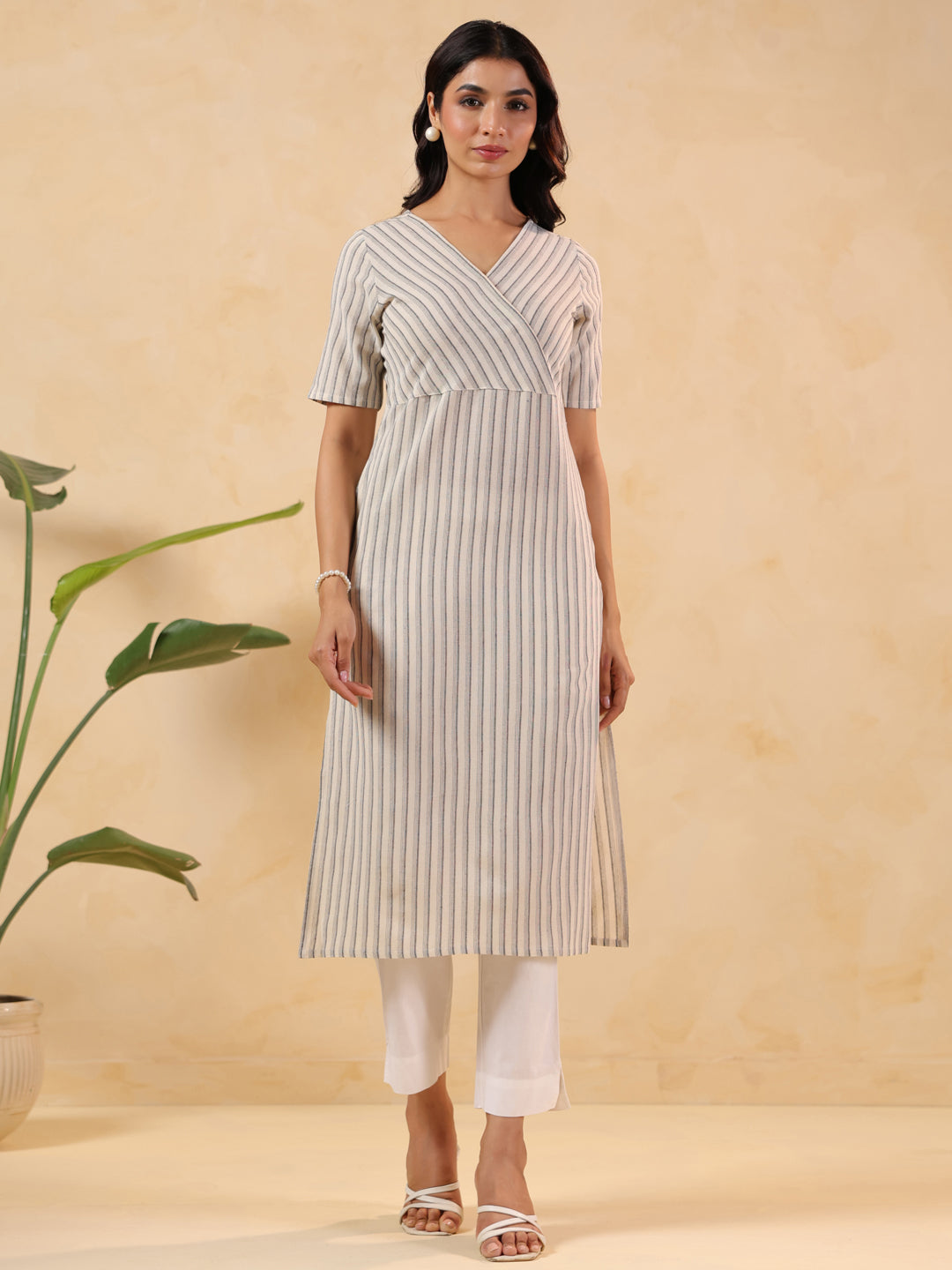 Off White Cotton Striped Wrap-Style Stylish Kurti for Women