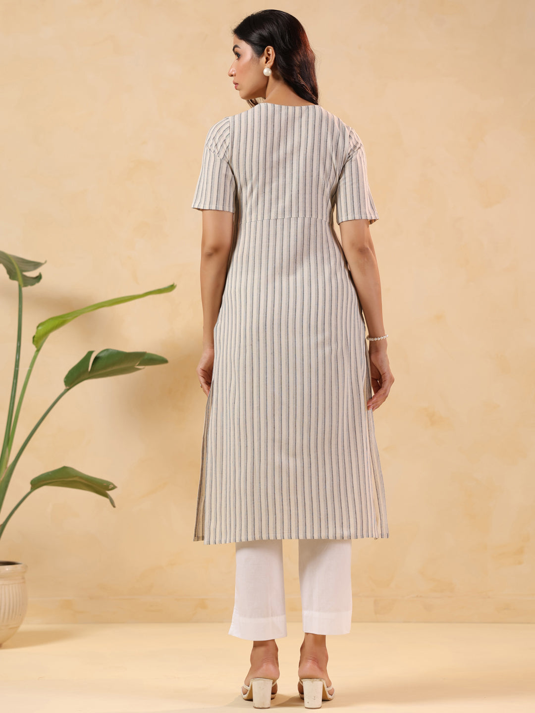 Off White Cotton Striped Wrap-Style Stylish Kurti for Women
