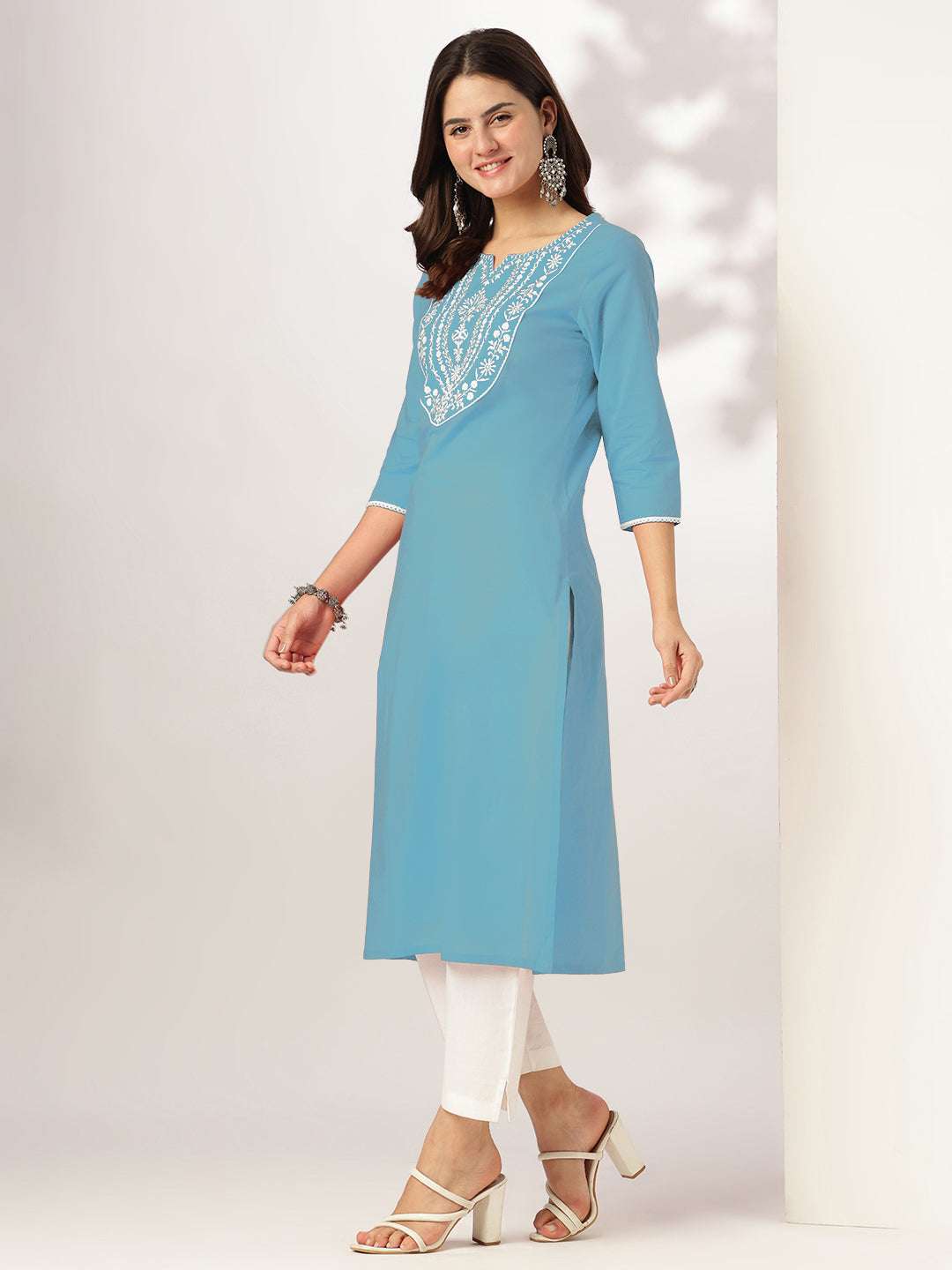 Light Blue Cotton Embroidered Straight Stylish Kurti for Women Sajnaa