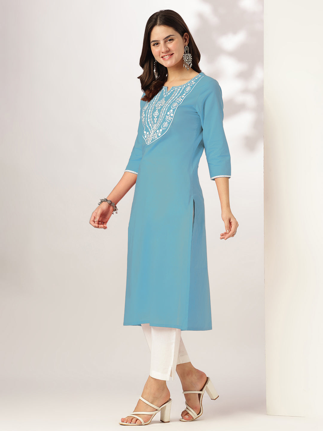 Light Blue Cotton Embroidered Straight Stylish Kurti for Women