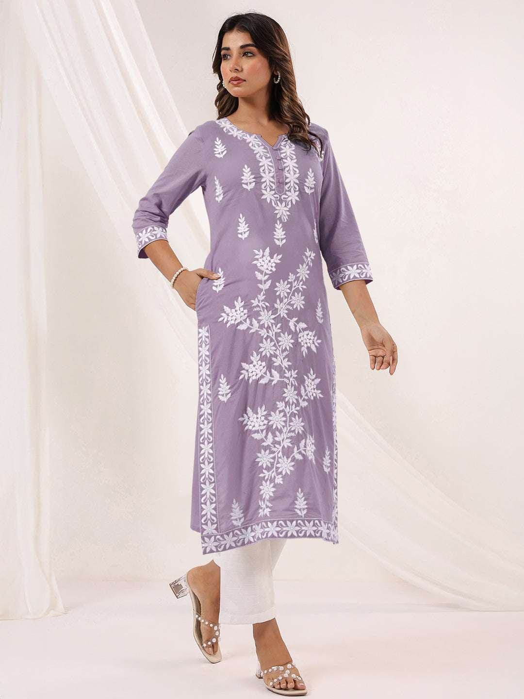 Lavender Whisper Embroidered Straight Stylish Kurti for Women Sajnaa