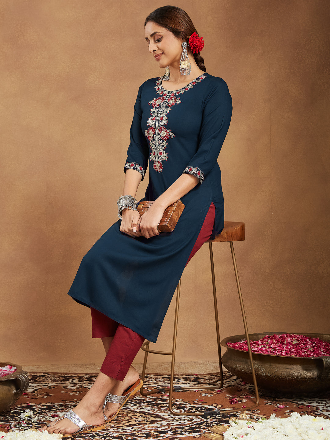 Navy Bloom Straight Embroidered Stylish Kurti for Women
