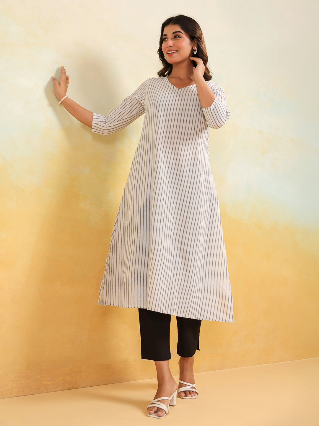 White Cotton Striped Straight Stylish Kurti for Women