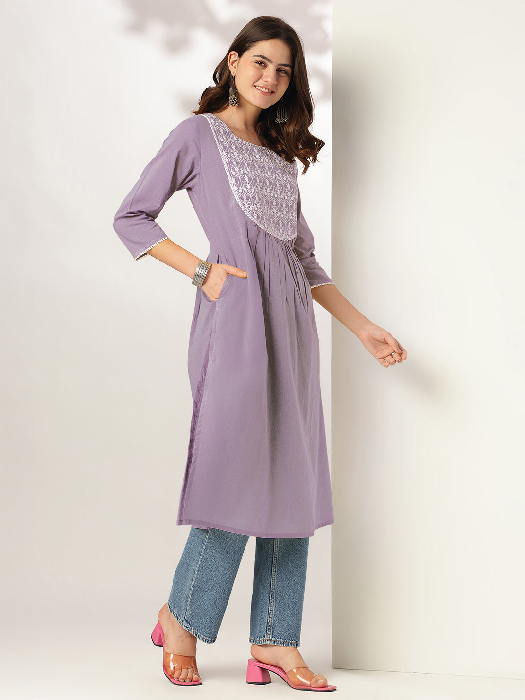 Lilac Grace A-Line Embroidered Stylish Kurti for Women