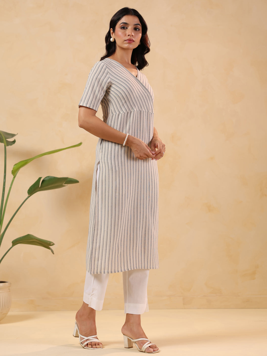 Off White Cotton Striped Wrap-Style Stylish Kurti for Women