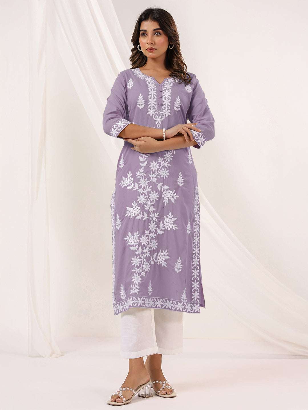 Lavender Whisper Embroidered Straight Stylish Kurti for Women Sajnaa