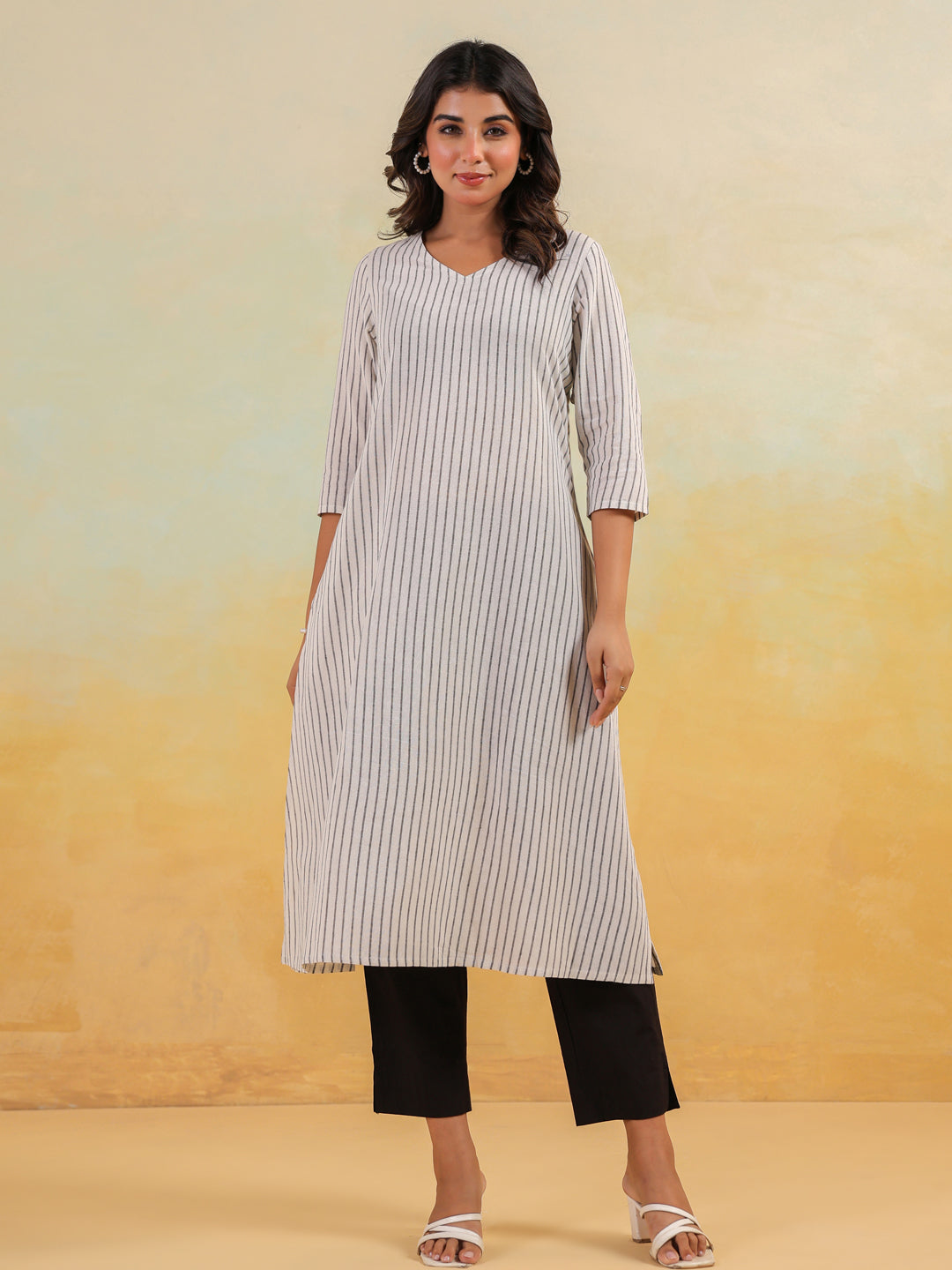 White Cotton Striped Straight Stylish Kurti for Women