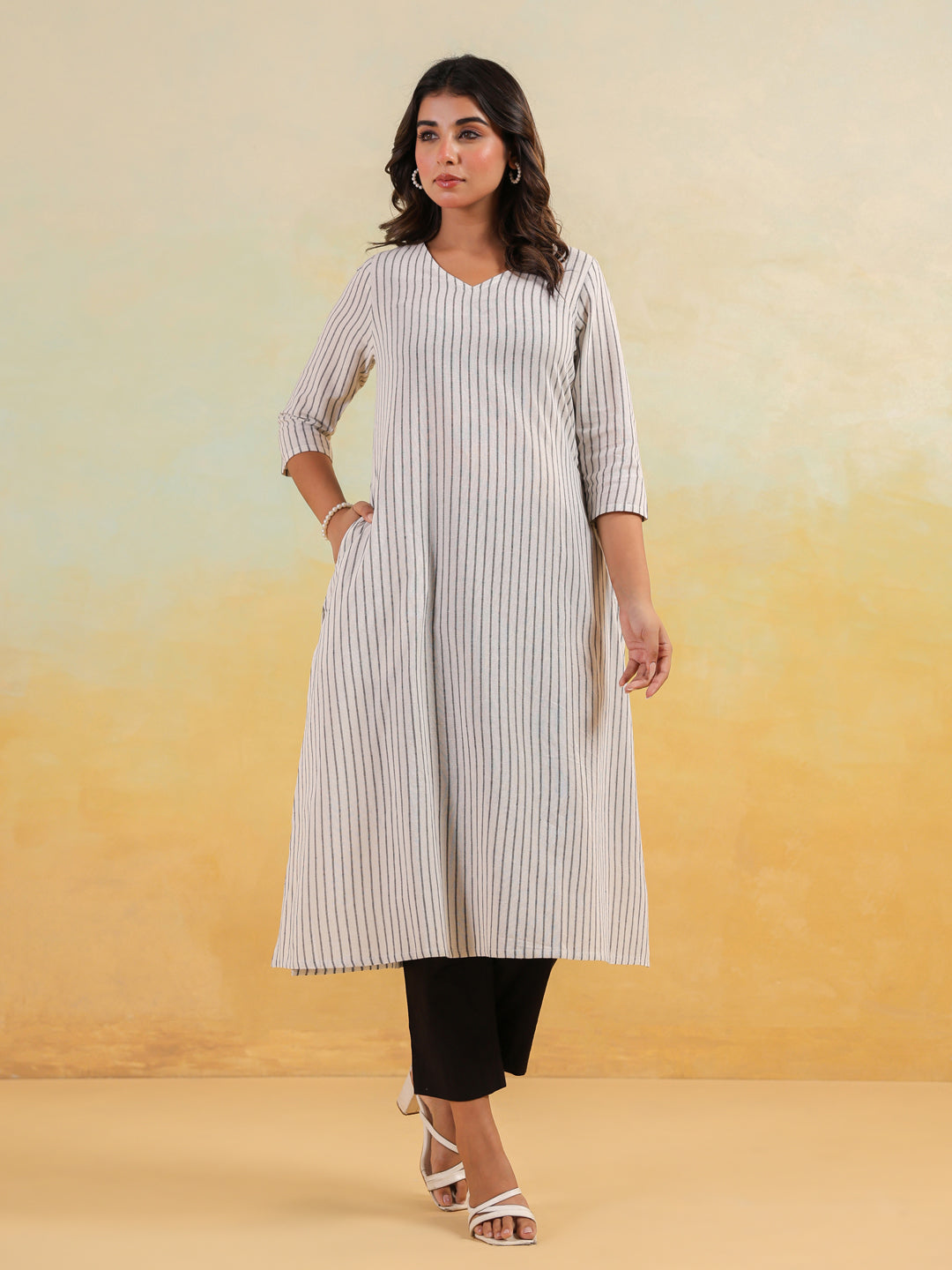 White Cotton Striped Straight Stylish Kurti for Women